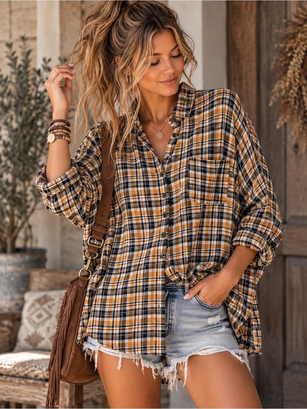 🧡🖤 Easel Los Angeles Orange Black Plaid Oversized Button Down Shirt M